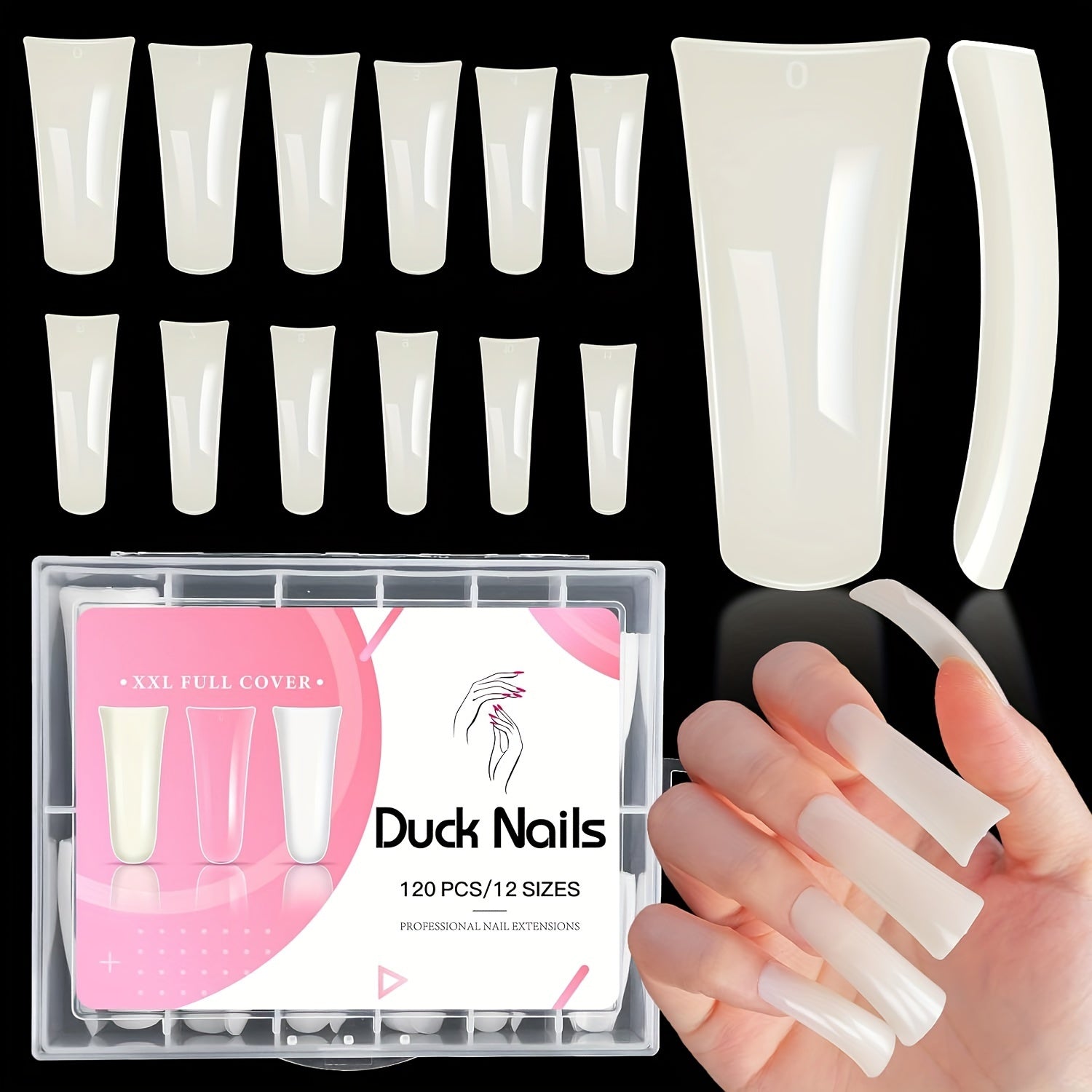120pcs Shimmering Crystal Duck Nail Tips - 12 Sizes, Curved & Wide for Glamorous Acrylic Designs