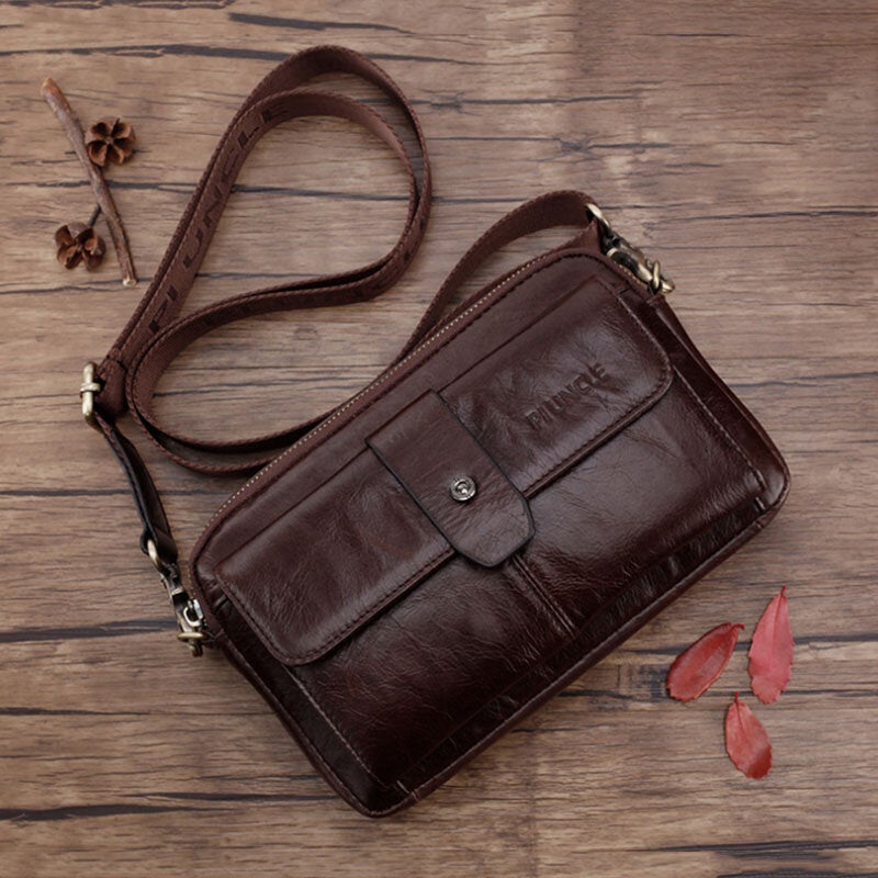 Men Genuine Leather Multi-function Retro Shoulder Bag Waist Cross Body