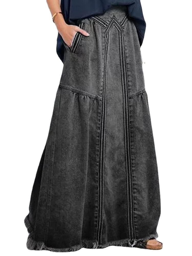 Women Distressed Solid Color Elastic Waist Loose Denim Skirt With Pocket