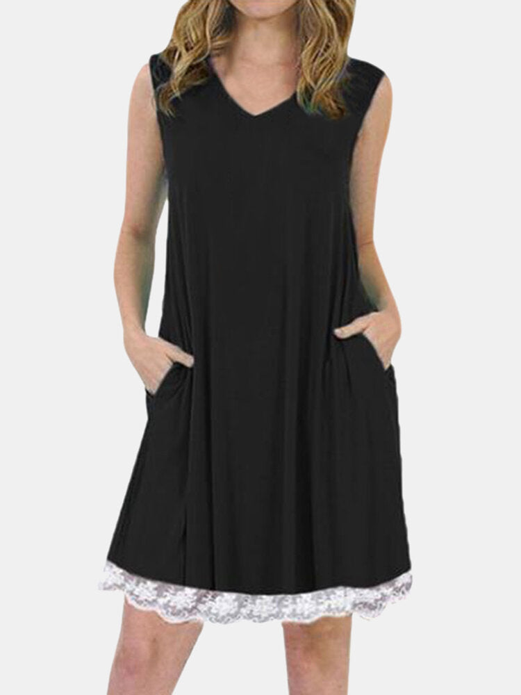 Summer Lace Patchwork Sleeveless Loungewear V-neck Daily Casual Dress