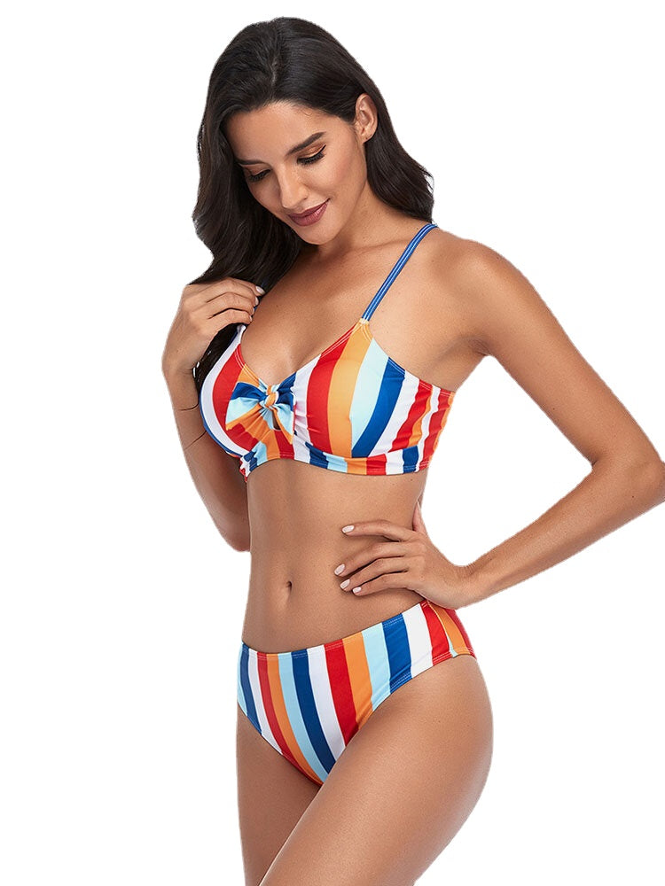 Women Stripe Print Spaghetti Straps Knotted Hawaii Bikini Swimsuit