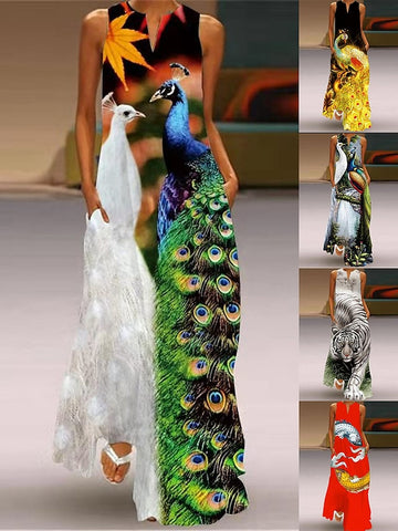 Women's Peacock Feather Animal Casual Dress Long Dress Maxi Dress Shift Dress Summer Dress Casual Outdoor Daily Weekend Pocket Print Sleeveless V Neck Dress Regular Fit White Yellow Red Spring Summer