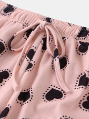 Women Funny Hearts Print Short Sleeve Elastic Waist Drawstring Casual Pajama Set