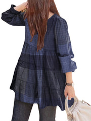 Women Plaid Puff Sleeve Loose Splicing O-neck Pleated Plain Casual Blouses