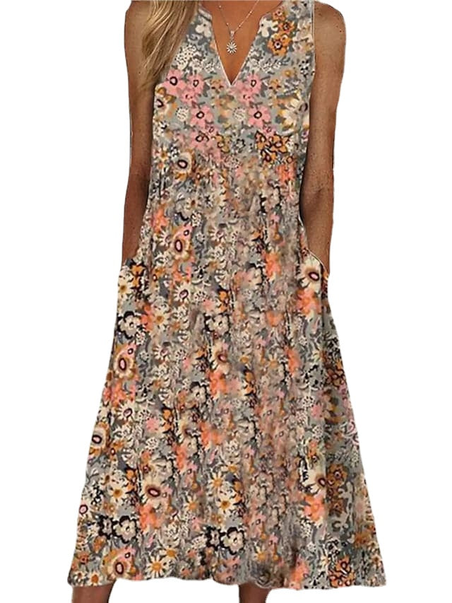 Women's Street Sleeveless Floral Ruched V Neck Casual Dress