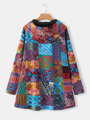 Plus Size Women Ethnic Style Printed Button Up Hooded Coats With Pocket