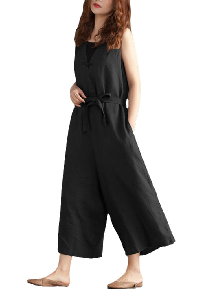 Women Wide Leg Cotton Solid Color V-Neck Sleeveless Jumpsuit with Pockets