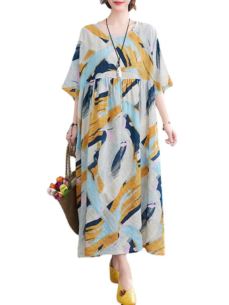 O-Neck Floral Loose Geometric Printed Casual Summer Dress For Women