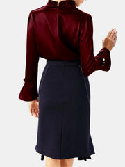 Solid Color Pearl Flared Long Sleeve Ruffled Office Blouse For Women