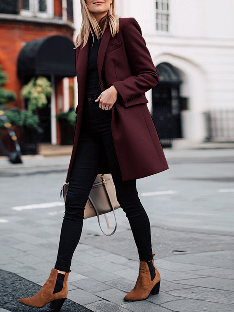 Solid Button Long Sleeve Lapel Coat For Women