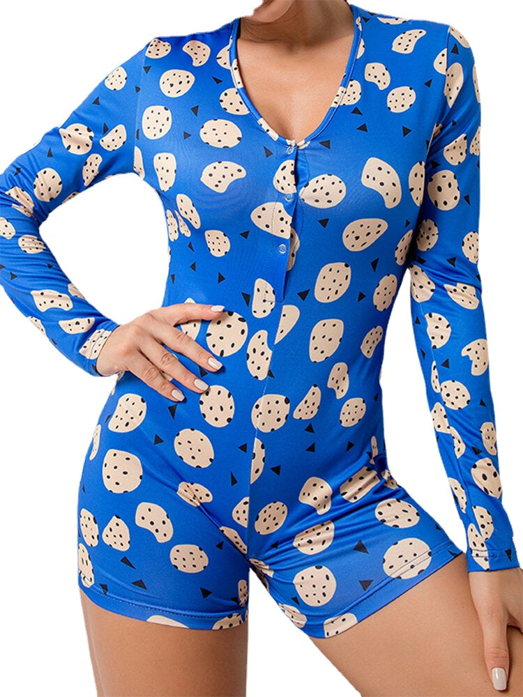 Women Abstract Print Long Sleeve V-Neck Blue Shorts Jumpsuits Home Sleepwear