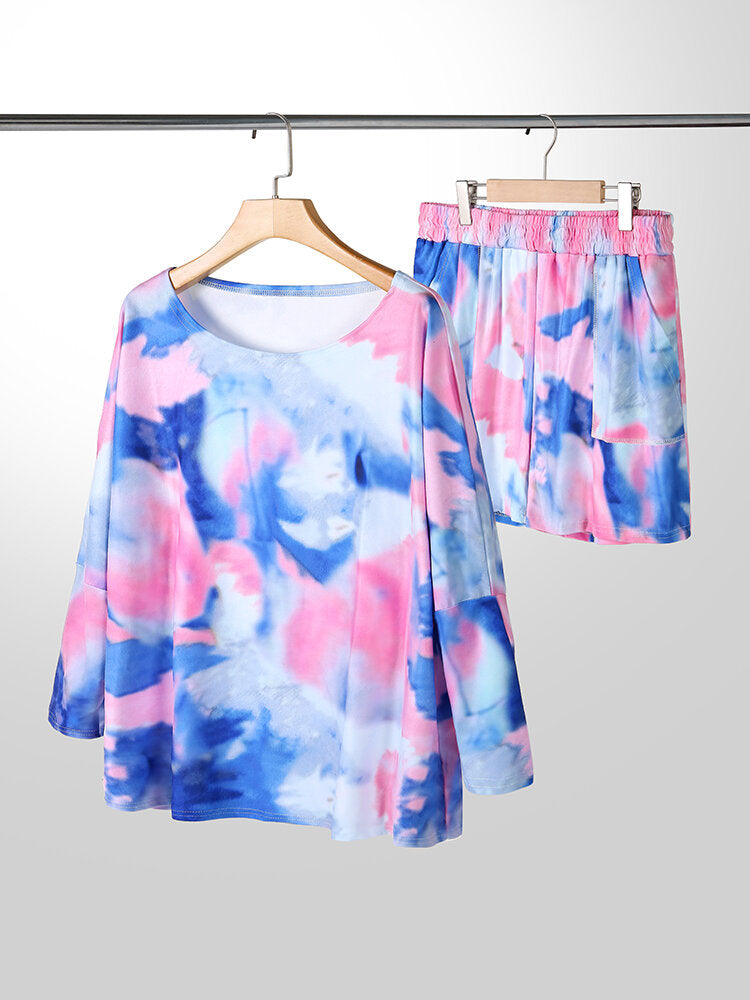 Tie Dye Women Long Sleeve Drawstring Pocket Shorts Casual Home Two-piece Set