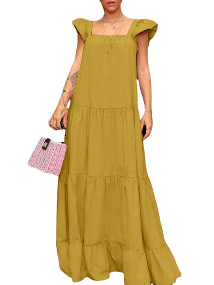 Solid Ruffle Backless Square Collar Casual Maxi Dress