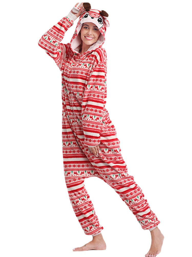 Women's Christmas Elk Print Hooded Jumpsuit with Pockets - Cozy One-Piece