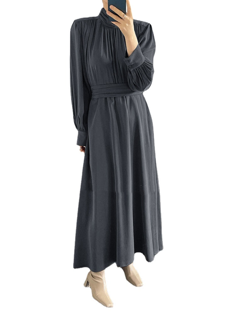 Solid Long Sleeve High Neck Pleated Casual Maxi Dress