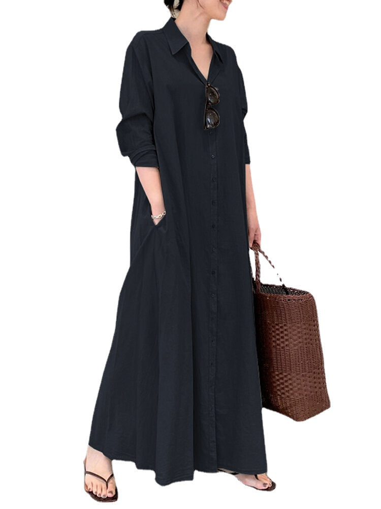 Women Retro Solid Color Turn-Down Collar Loose Casual Shirt Dress With Pocket