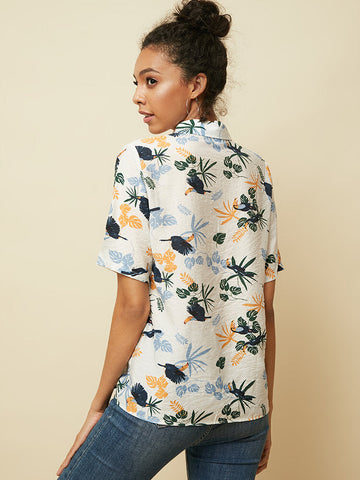 Hawaii Vacation Style Leaf Print Women Short Sleeve Casual Shirts