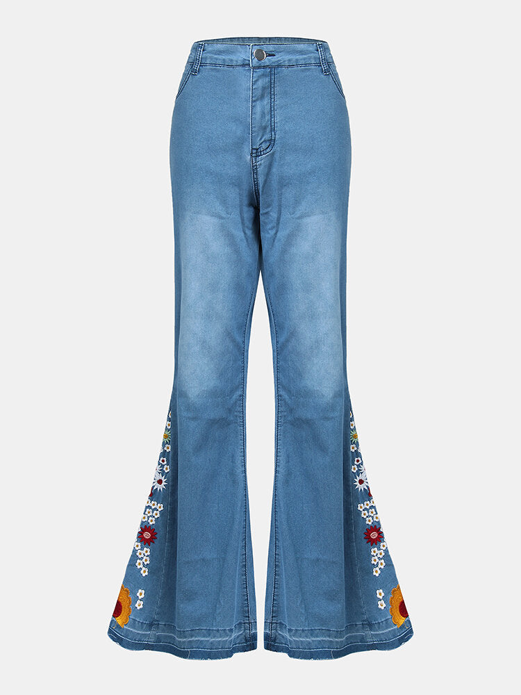 Women Floral Embroidery Stylish Casual Bell-Bottom Jeans With Pockets