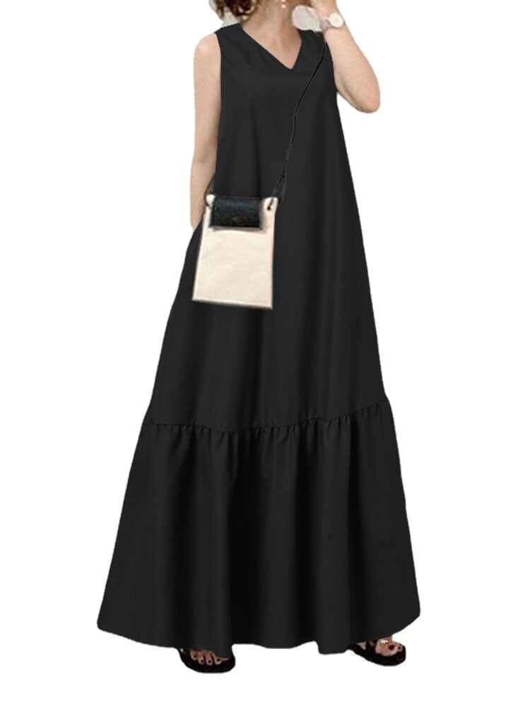 Solid Color V-neck Sleeveless Ruffles Hem Pleated Maxi Dress With Pocket