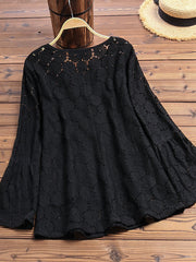 Plus Size Solid Color Lace Crochet Casual Blouse For Women