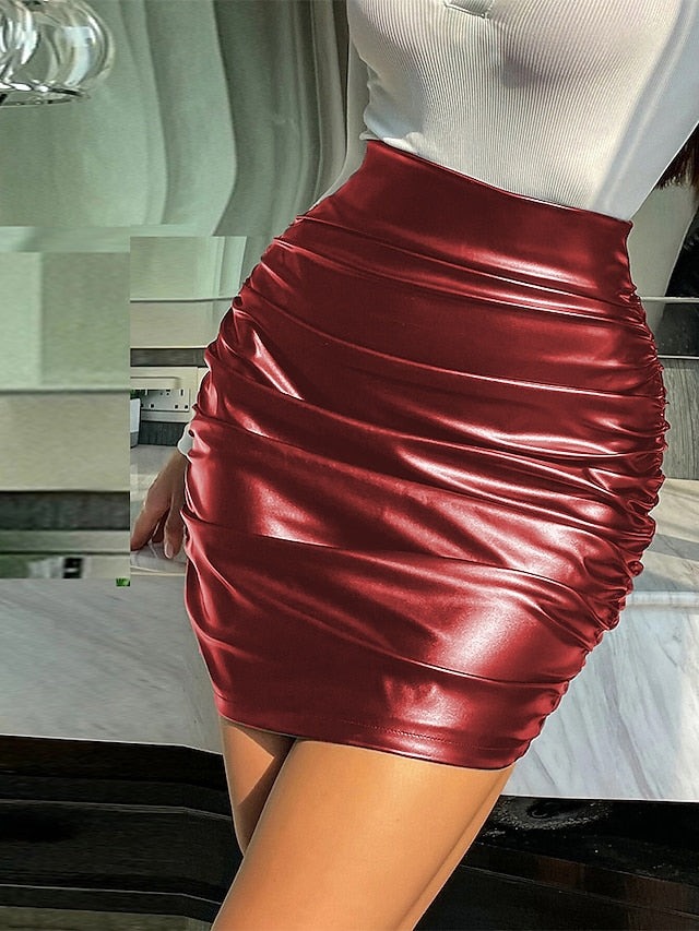 Women's Skirt Pencil Bodycon Mini Faux Leather Black Wine Brown Skirts Summer Ruched High Waist Basic Sexy Casual Party Date