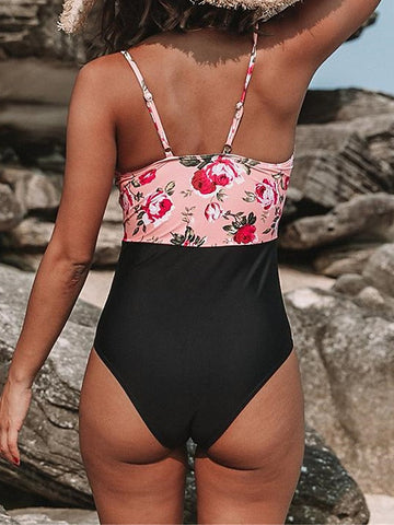 Women's Swimwear One Piece Monokini Bathing Suits Normal Swimsuit Tummy Control Open Back Printing High Waisted Floral Rosy Pink V Wire Bathing Suits Sexy Vacation Fashion / Modern / New