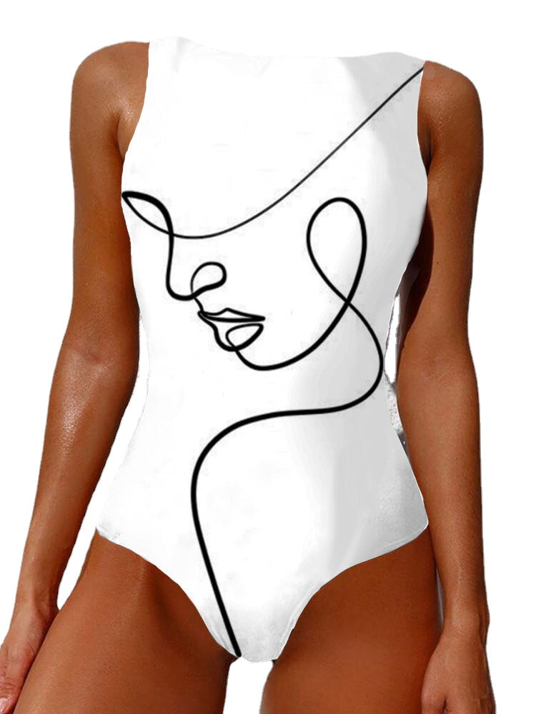 Women Line Drawing Abstract Print High Neck Sleeveless One Piece Slimming Swimsuit