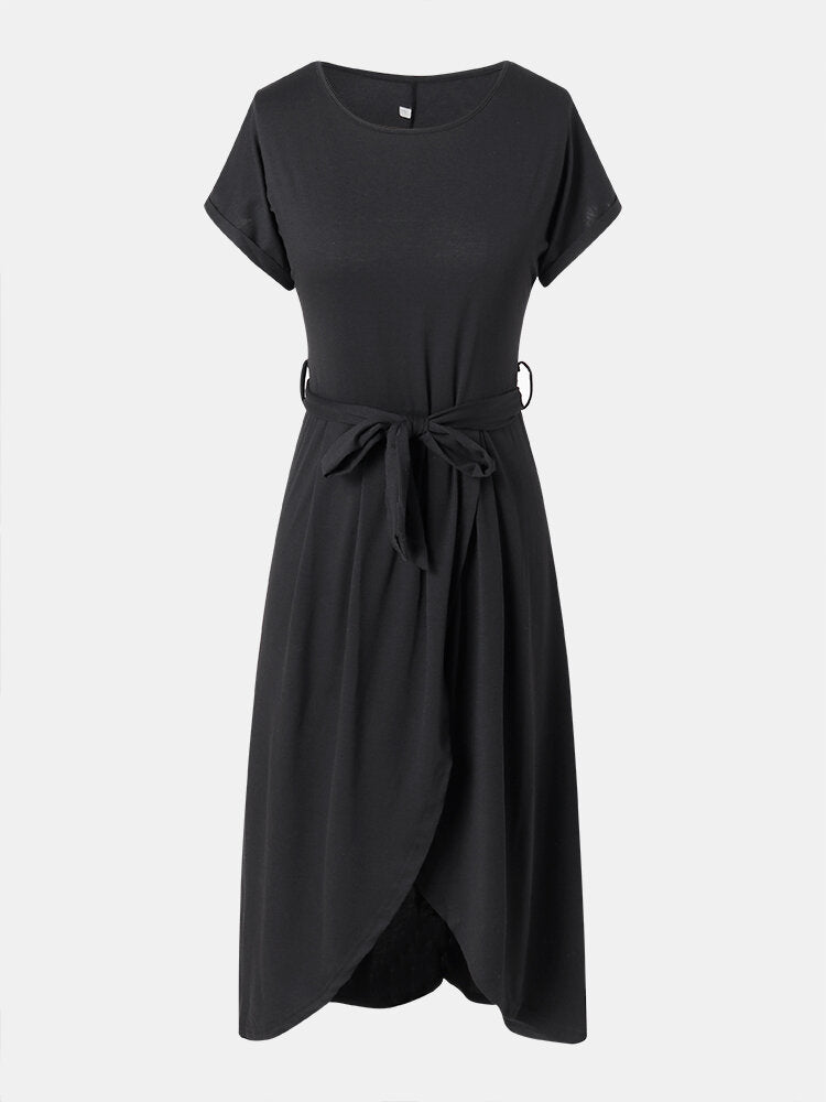 Women Solid Round Neck Split Casual Short Sleeve Maxi Dresses With Belt