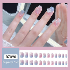 Aurora Pink Press-On Nails, 24-Piece: Elegant Short Square with 3D Butterfly & Pearls - Easy Application for Daily & Special Occasions