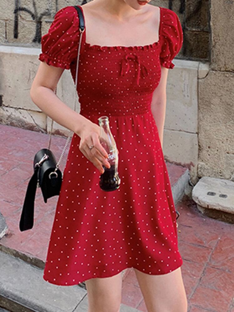 Puff Sleeve Floral Leisure Summer Holiday Dress For Women