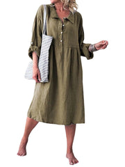 Women Long Sleeve Button Lapel Causal Shirt Dress