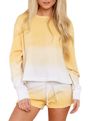 Women Yellow Gradient Round Neck Long Sleeve Drawstring Home Two-Piece Set