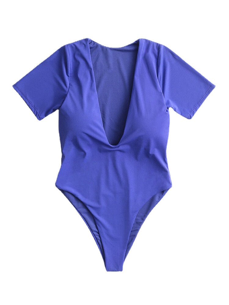 Women Solid Color One Piece Short Sleeve Plunge V-Neck Swimwear