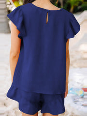 Solid Pocket Ruffle Casual Cotton Suit