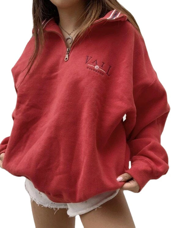 Women Letter Half Zipper Front Drop Shoulder Pullover Casual Sweatshirts