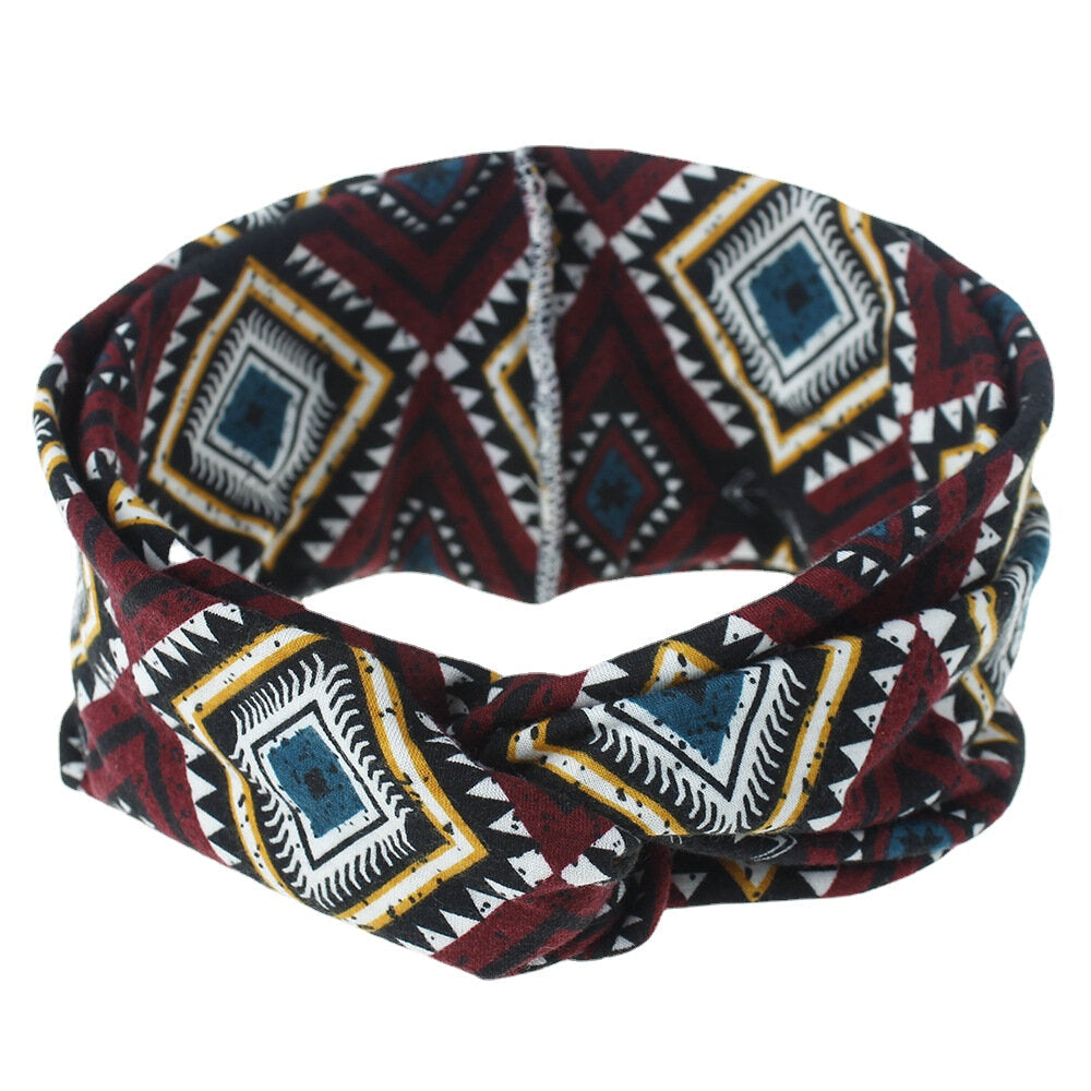 Women Bohemian Style Diamond Lattice Pattern Casual Outdoor Headdress Elastic Cross Tie Wide Brim Headband