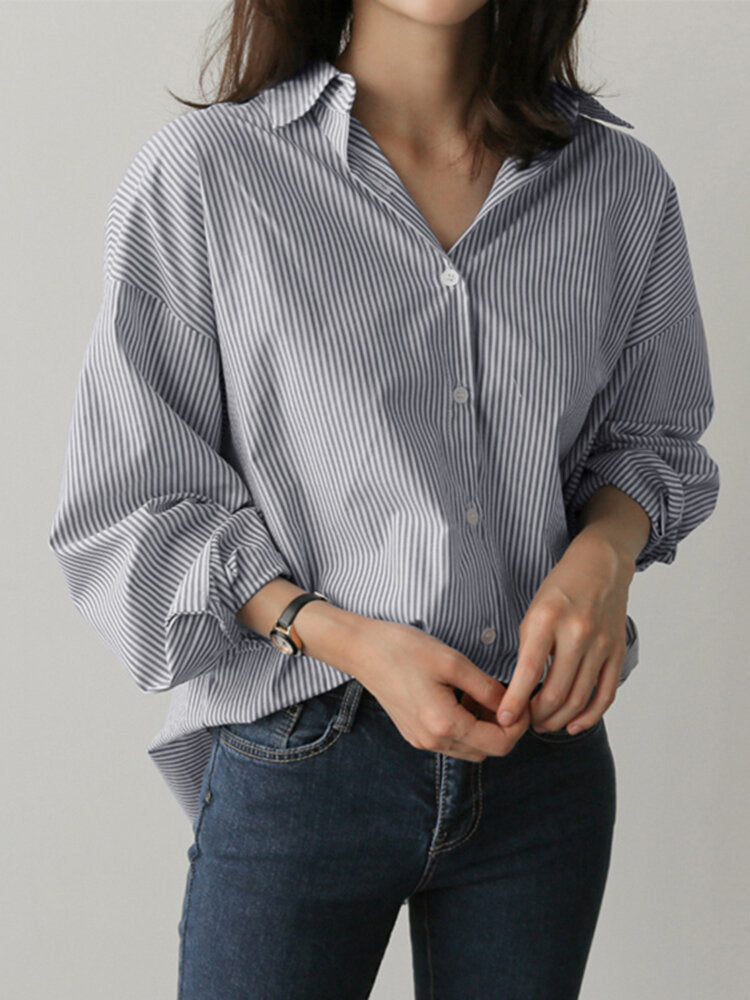 Women Striped Raglan Turn-Down-Collar Workwear Formal Shirt