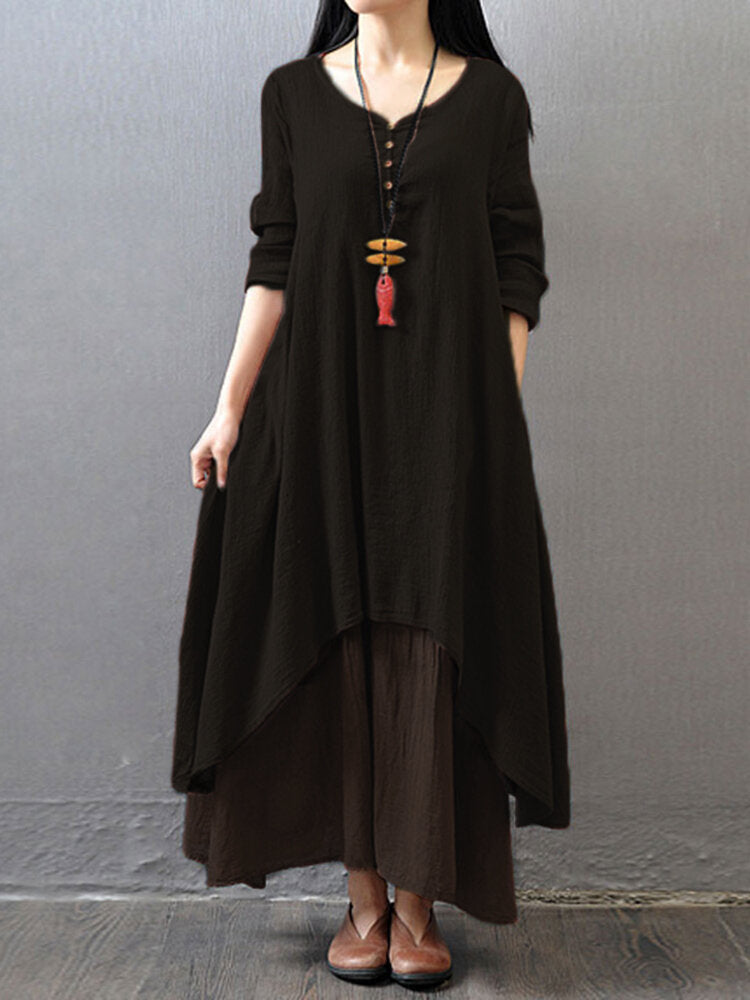 Women Long Sleeve Double Layers Button Asymmetric Vintage Maxi Dress