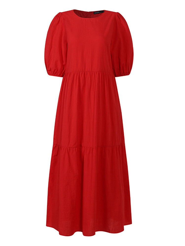 Women Cotton Solid Color Puff Sleeve Pleated Simple Maxi Dresses With Pocket