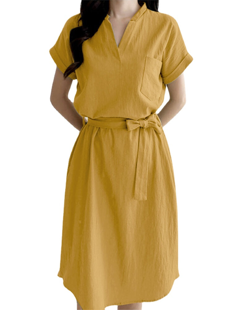 Solid Knotted Pocket Roll Sleeve Cotton Casual Midi Dress