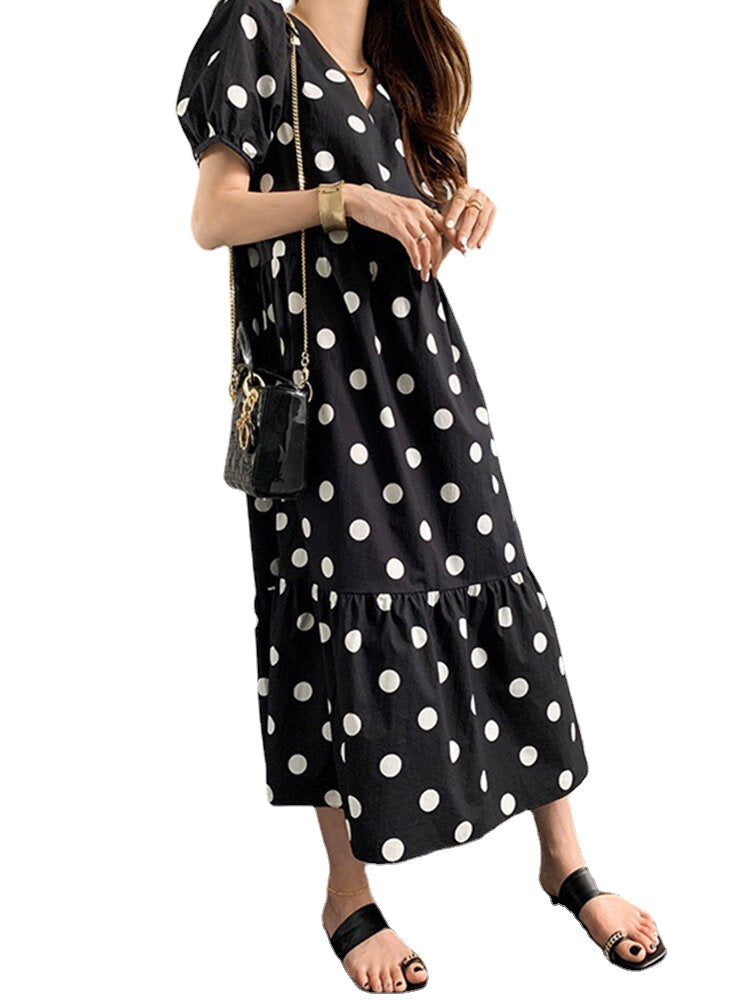 Polka Dot Print Half Sleeve V-neck Puff Drawstring Dress