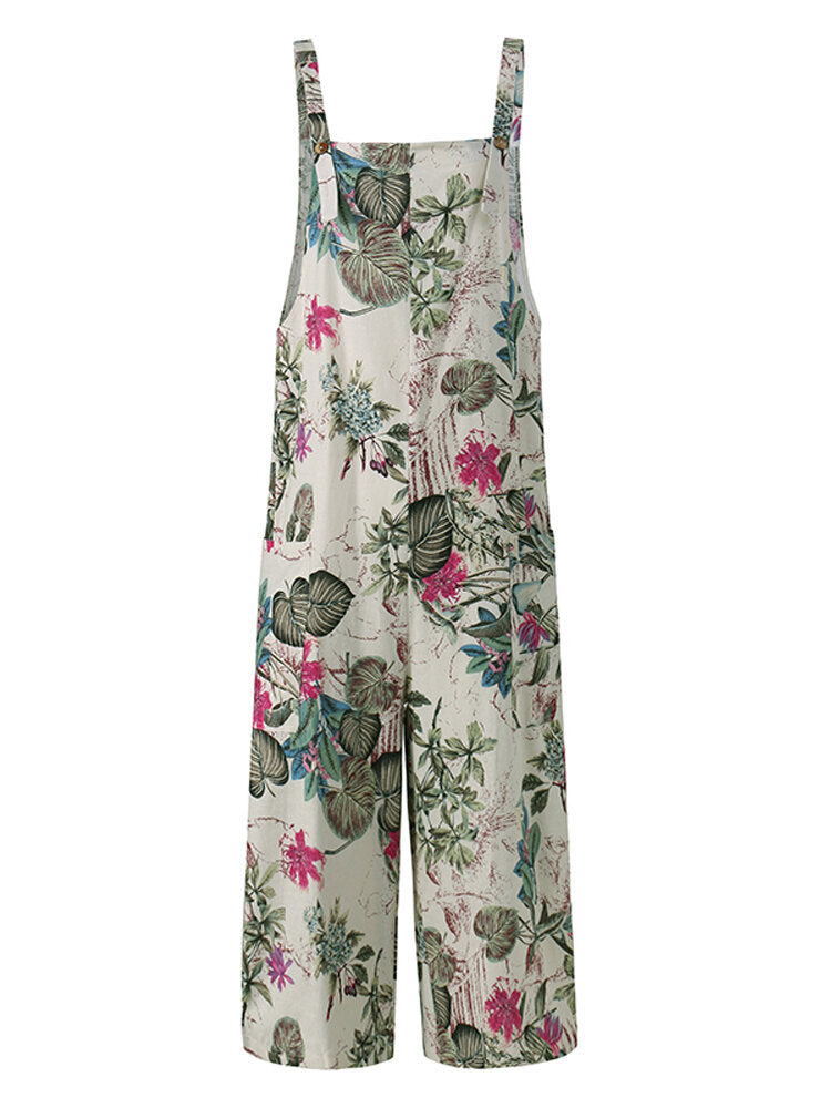 Women Vintage Sleeveless Button Floral Side Pocket Overalls Loose Printing Jumpsuits