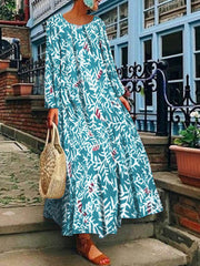 Women Vintage Long Sleeve Crew Neck Floral Print Maxi Dress