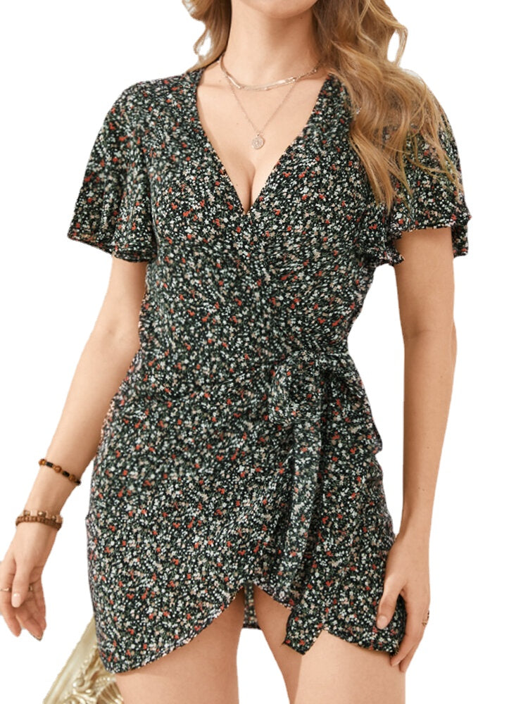 Daily Casual Floral Wrapped Body Tie V-neck Short Printed Mini Dress