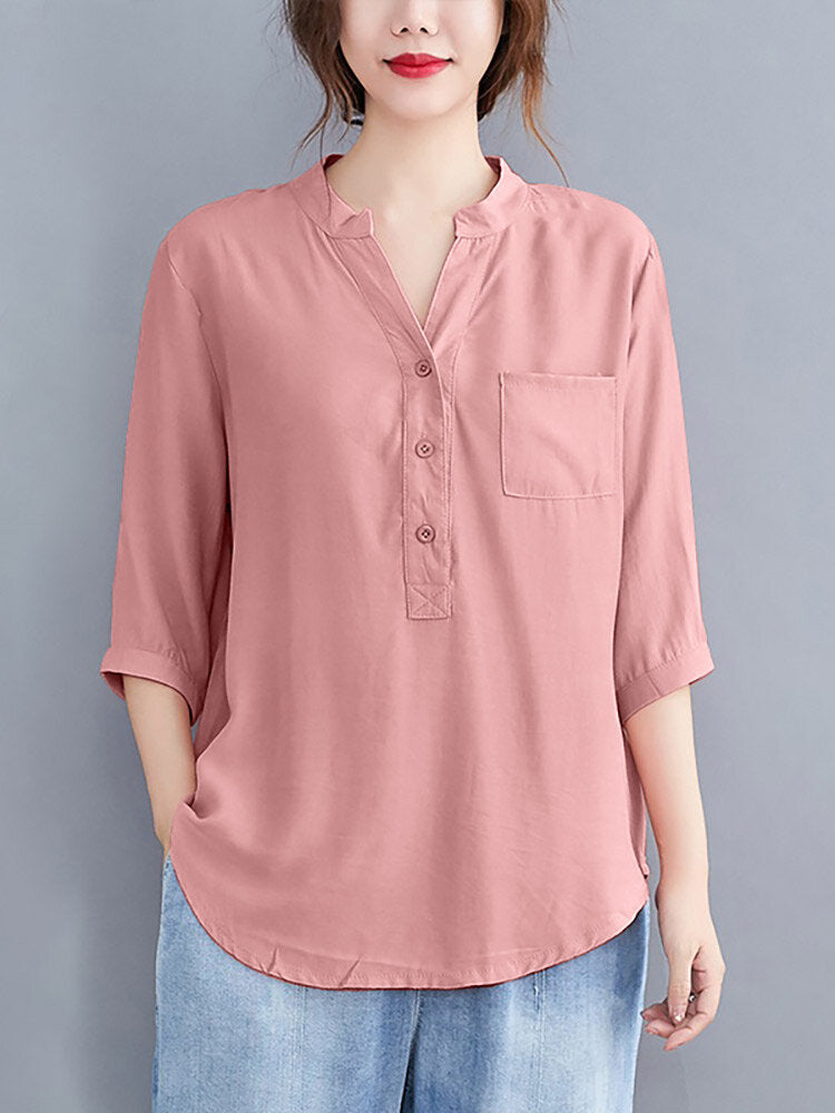 Solid Button Pocket V Neck Casual Blouse