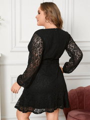 Plus Size Belt Design Lace Crossed Front Design Long Sleeves Dress
