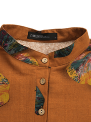 Women Cotton Button Vintage Print High-LowHem Retro Shirt Dress