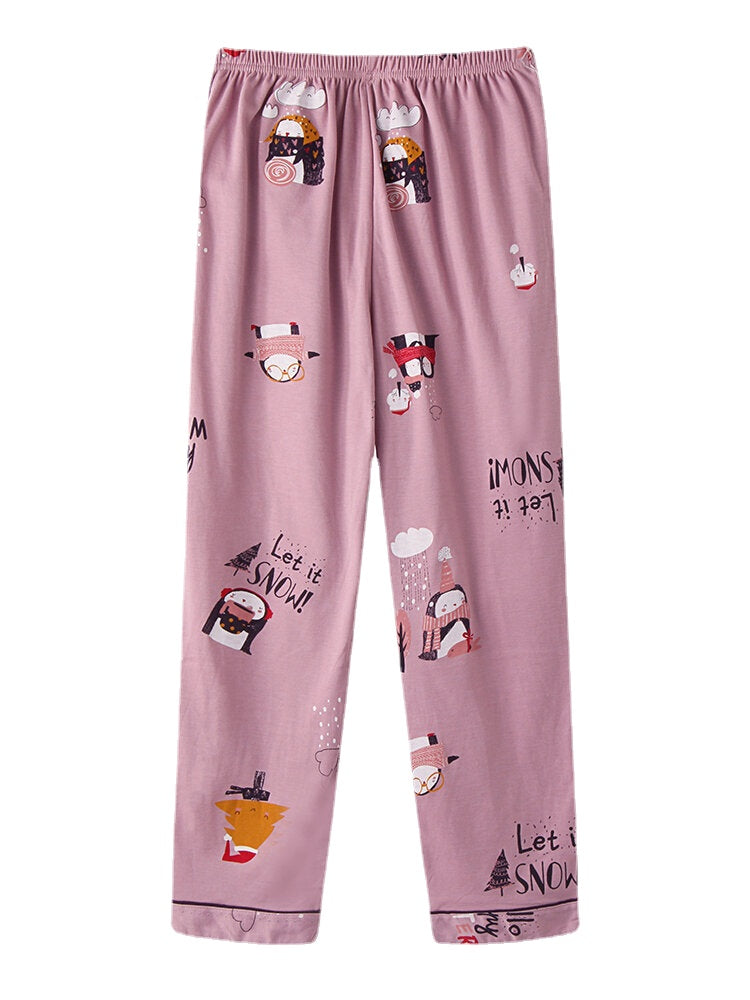 Women Cute Cartoon Pattern Print O-Neck Two-Piece Loose Home Pajamas Sets