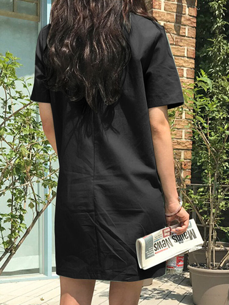 Solid Pocket Short Sleeve Casual Midi Dress