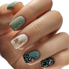 24pcs Chic Green Leopard Print Nails with Golden Foil - High-Gloss Pink Glue-On Set - Full Cover Square Shape